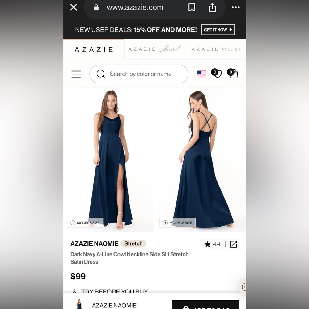 Azazie Naomie Dark Navy A-Line Dress, stretch satin